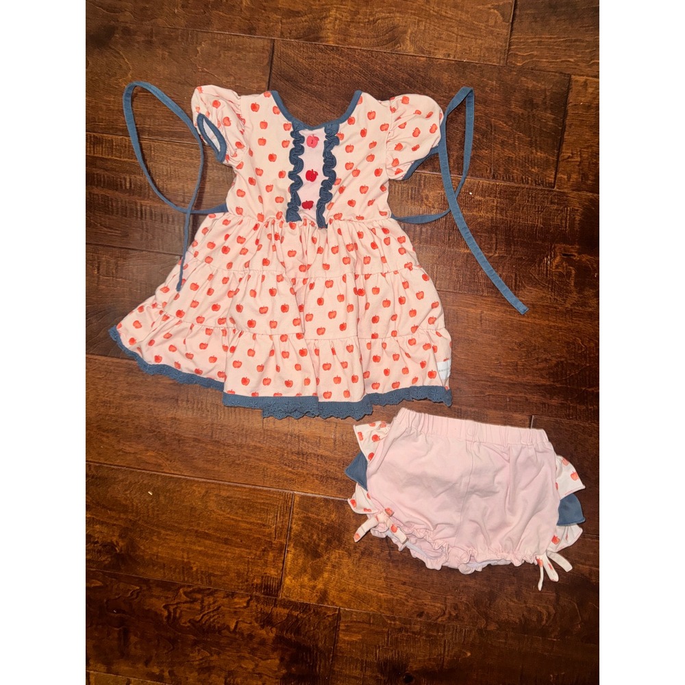 Smocked Sweets Girls Apple Print Ruffle Dress and Bloomer Set Pink Blue 12/18M